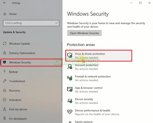 Mở mục Windows Security