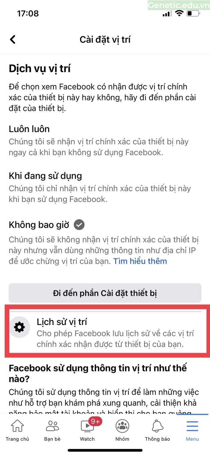 Nhấn vào "Lịch sử vị trí"