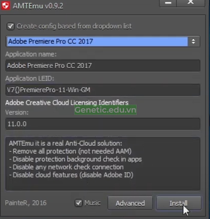 Chọn phiên bản "Adobe Premiere Pro CC 2017" và nhấn "Install".