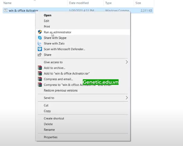 Chạy file "win & office activator" với quyền admin