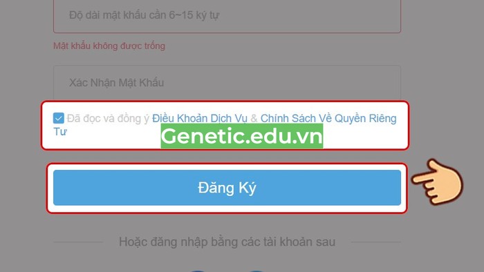 chọn vào ô "Đã đọc và đồng ý điều khoản dịch vụ và chính sách quyền riêng tư