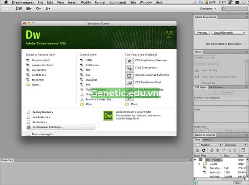 Giao diện Dreamweaver CS6