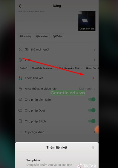 Chọn "Add Link" để thêm link sản phẩm và video