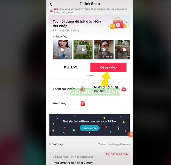 cửa hàng tiktok->“Đăng Video”.’ width=”548″ height=”529″ srcset=”https://genetic.edu.vn/wp-content/uploads/2022/10/Su-dung-am-thanh-thuong-mai-tren-tik-tok_8 .jpg 548w, https://genetic.edu.vn/wp-content/uploads/2022/10/Su-dung-am-thanh-thuong-mai-tren-tik-tok_8-300×290.jpg 300w” dimensions=” (chiều rộng tối đa: 548px) 100vw, 548px”><figcaption id="caption-attachment-6564" class="wp-caption-text">Cửa hàng TikTok->”Đăng video”.</figcaption></figure>
<h4 id="ftoc-heading-6" class="ftwp-heading" style="text-align: justify;"><span id="Buoc_2"><strong>Bước 2:</strong></span></h4>
<p style="text-align: justify;">Trước khi thêm video, bạn tiến hành thêm âm thanh trước.  Lựa chọn “<strong>Thêm âm thanh</strong>“.</p>
<figure id="attachment_6565" aria-describedby="caption-attachment-6565" style="width: 602px" class="wp-caption aligncenter"><img decoding="async" loading="lazy" class="size-full wp-image-6565" src="https://genetic.edu.vn/wp-content/uploads/2022/10/Su-dung-am-thanh-thuong-mai-tren-tik-tok_7.jpg" alt=