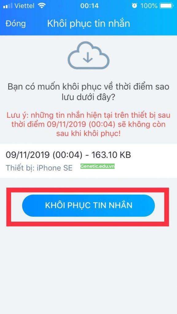 Tiếp tục nhấn "Khôi phục tin nhắn".