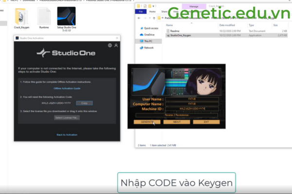 Vào "This PC" -> Nhấn chọn "studio keygen" -> Nhập "Code" và "Keygen" -> Nhấn chọn "Generate"