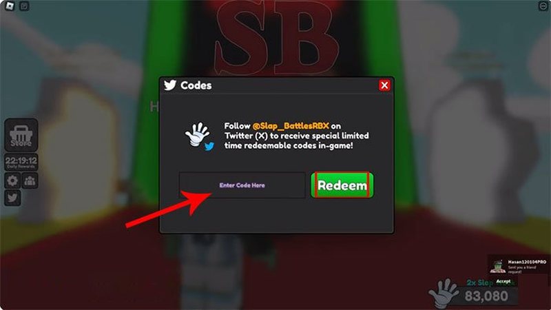 Nhập mã code Slap Battles vào ô